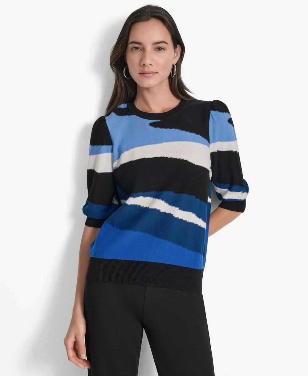 DKNY Women's Cotton Printed Elbow-Sleeve Sweater Multi Size L 2104